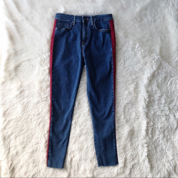 Forever twenty one red tuxedo stripe high rise raw hem cropped jeans Sz … - Picture 2 of 10